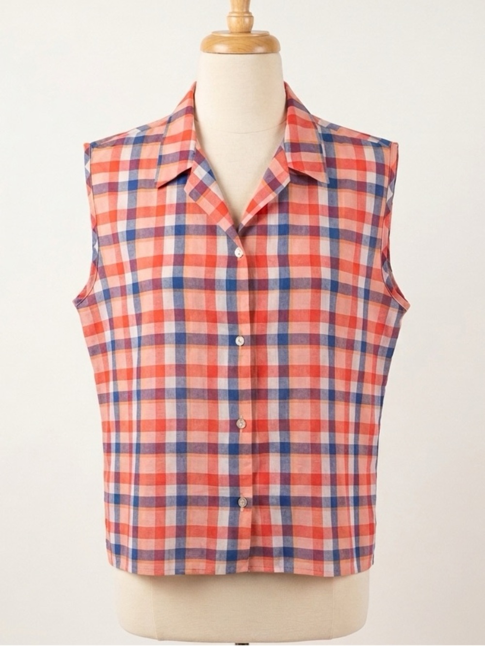 Vintage 80s Plaid Shirt XL Womens Sleeveless Button Up Blouse Cottagecore